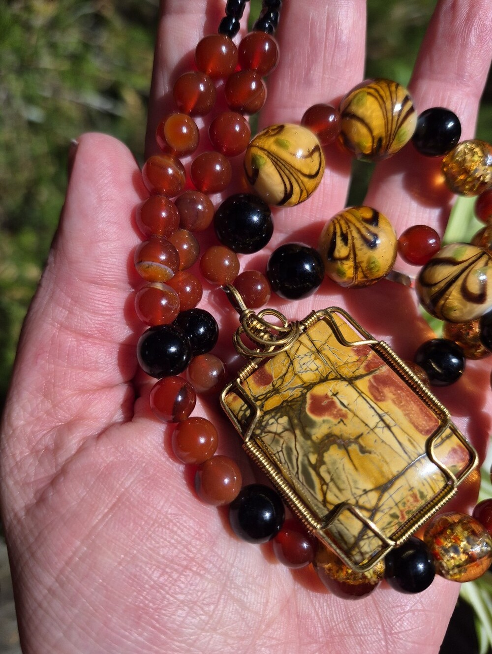 Artisan Wire Wrapped Picasso Jasper Carnelian Art Glass Beaded Necklace 20" - Picture 3 of 9